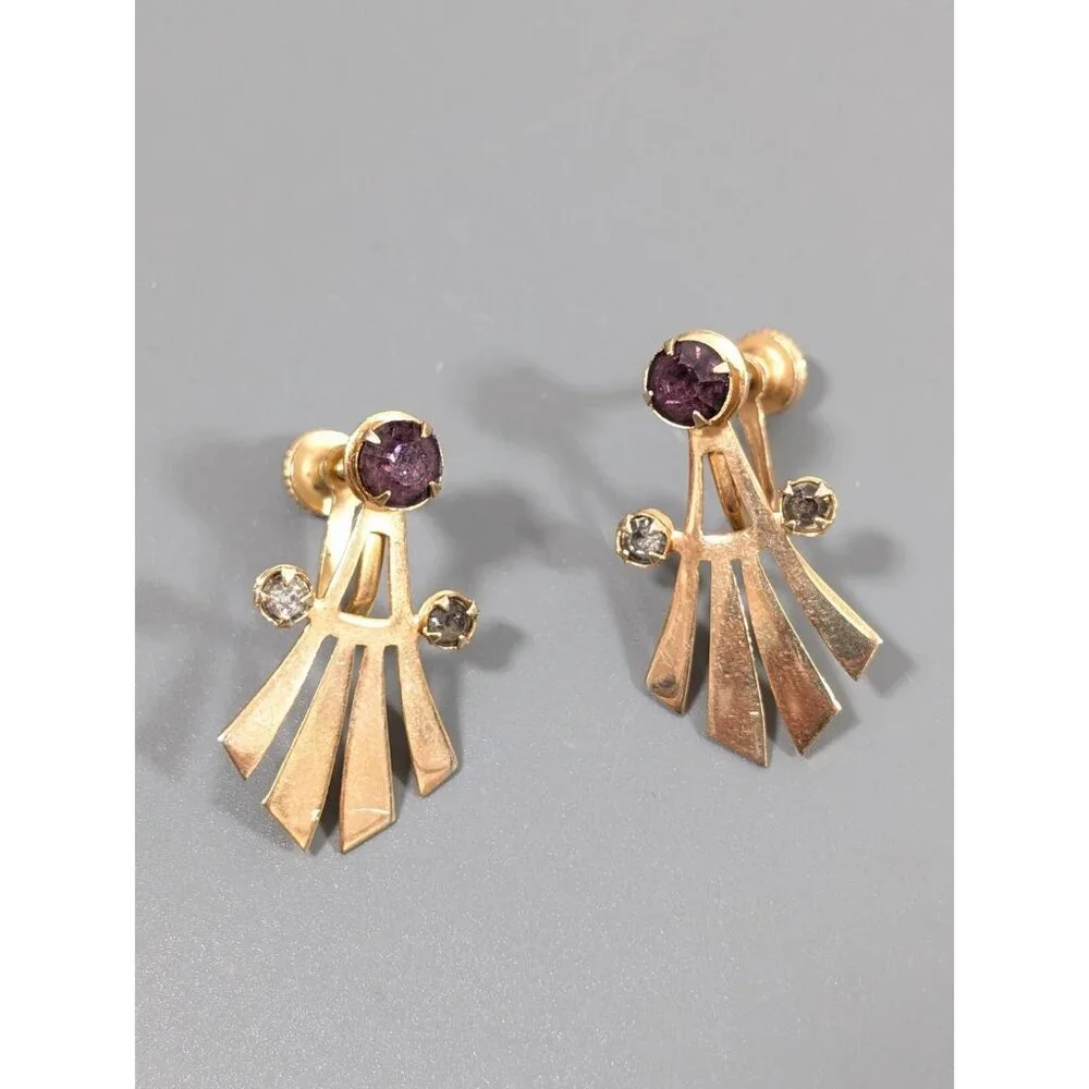 Vintage‎ Gold Tone Art Deco Fan Purple Smokey Rhinestone Screw Back Earrings